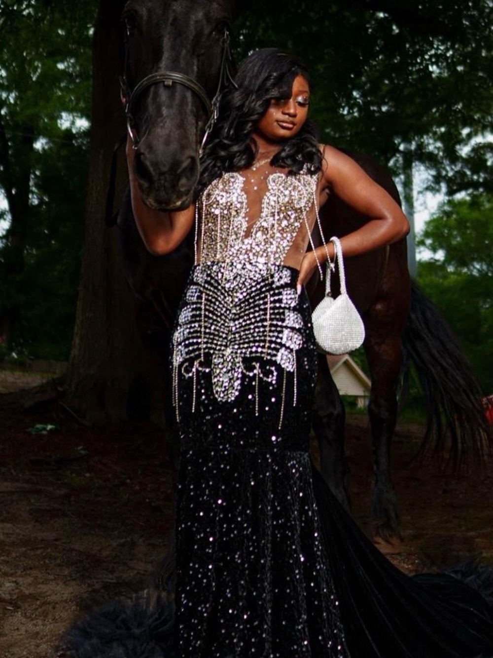 Custom Black Sequin Evening Gown with Crystal Bodice
